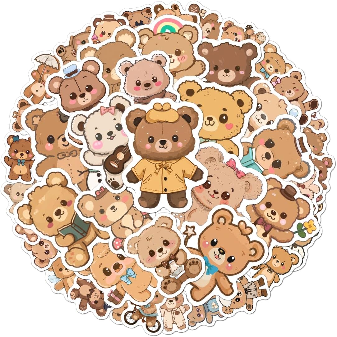 Pack 50 Pcs Cute Animal Bear Stickers for Water Bottles Funny Laptop Luggage Computer Phone Scrapbooking Kids Teen Girls Boys Adults Waterproof Aesthetic Sticker Small Vinyl Decal