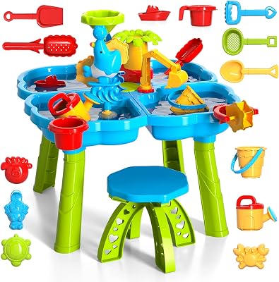 Lucky Doug Kids Sand and Water Table for Toddlers, 4 in 1 Outdoor Sand Water Play Table Beach Toys for Toddlers Kids Boys Girls