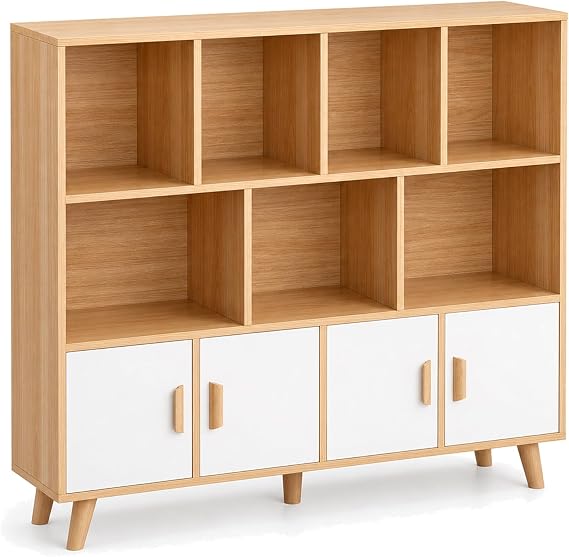OSCHF 11-Cube Bookcase with Doors, 3-Tier Storage Cabient, Oak