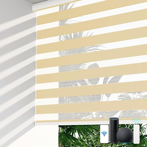 LazBlinds Motorized Zebra Roller Shades, Rechargeable Smart Blinds with Remote Control, Custom Size Light Filtering Dual Layer Roller Sheer Shades, Beige