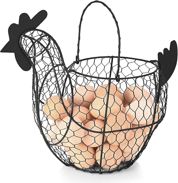 Flexzion Egg Basket for Gathering Fresh Eggs, Black Wire Chicken Egg Collecting Basket Countertop, 24-Egg Metal Holder with Handle, Chicken Shaped Basket for Farmhouse Kitchen Decor