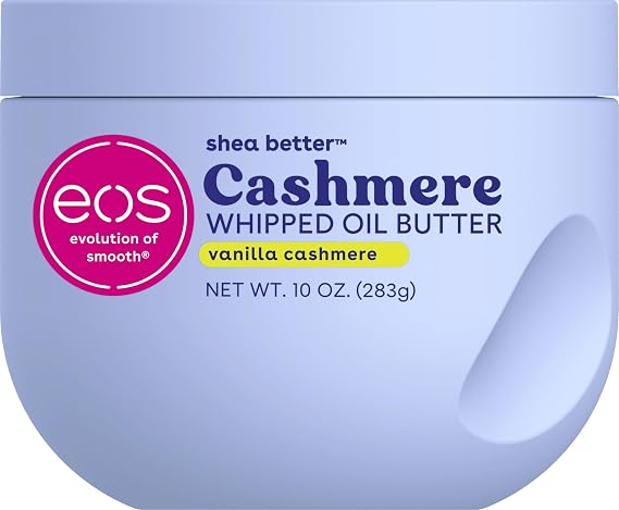 eos Kaşmir Çırpılmış Yağ Vücut Yağı, Vanilyalı Kaşmir, Kuru Ciltler İçin 72 Saat Ağırlıksız Nem, Zengin Formül ve Derin Nemlendirme, 10 oz