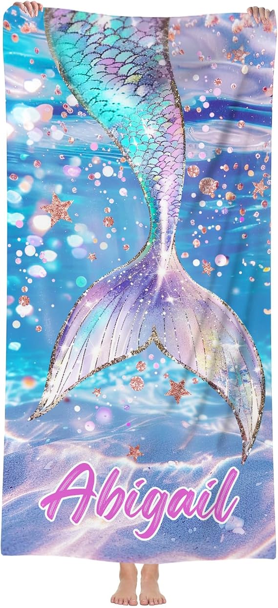 Hoomall Personalized Beach Towels for Girls Custom Name Pool Towels Sequin Mermaid Tail Bath Towel Microfiber Quick-Dry Beach Towels for Kids Gift for School Company Party