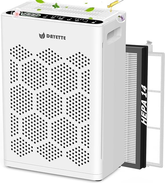 DAYETTE Air Purifiers for Home Large Room Up to 1800 Ft2 with HEPA 14 Filter, Pet Air Purifier with Washable filter for Bedroom with Fragrance, Air Cleaner for Smoke Dust Pets Hair Odor, Pearl White