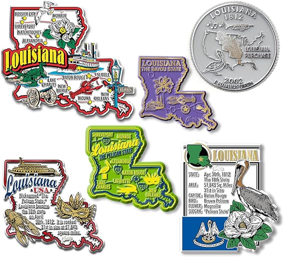 Louisiana Six-Piece State Magnet Set by Classic Magnets, Includes 6 Unique Designs, Collectible 3D Rubber Vintage-Style Souvenirs and Gifts Made in the USA