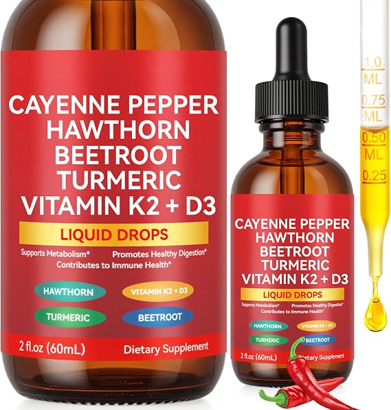 Cayenne Pepper Drops, Liquid Cayenne Pepper Organic, Cayenne Health Supplements, Cayenne Pepper Hawthorn Beet Root Turmeric Curcumin, Vitamin K2 & D3, Vegan-Friendly- 2 Fl Oz