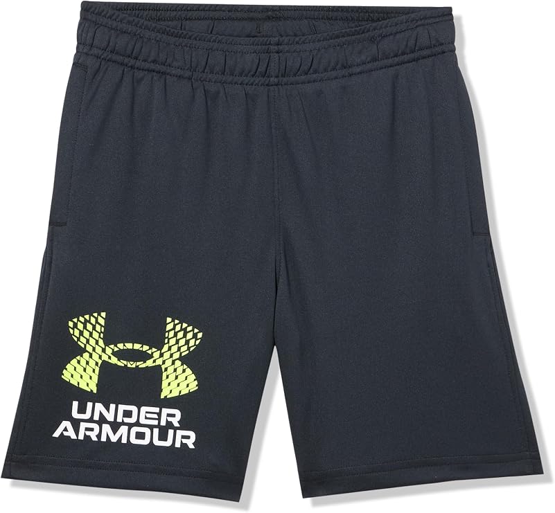 Under Armour Boys Tech Logo Shorts, (004) Black/White/High Vis Yellow, Small Plus
