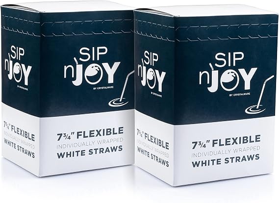 Crystalware Bulk Pack of 380 Flexible Plastic Drinking Straws - White, Individually Wrapped, Food-Safe BPA Free, 7.75 Inches Long (25 Boxes)