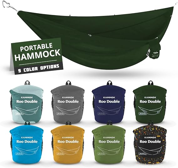 KAMMOK: Roo Double Hammock | Made from Strong & 100% Recycled Water Resistant Ripstop Fabric | Comfortable, Packable, Lightweight , Pine Green