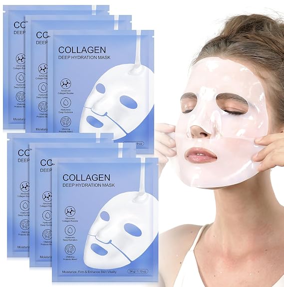 Collagen Face Mask, Bio-Collagen Deep Hydrating Overnight Mask with Hyaluronic Acid, Anti Wrinkle Lifting Mask for All Skin Types, Anti Aging Facial Mask,Pore-Minimizing,Firming&Elasticity(6 PCS)