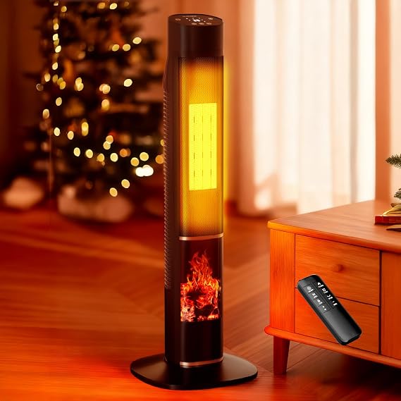 Uthfy 32" Space Heater for Large Room, 1500W Electric Heater for Indoor Use with 24H Timer & 3D Flame, 120 Oscillation, ECO Mode, Child Lock, Remote, Portable Tower Heater for Room, Bedroom Office