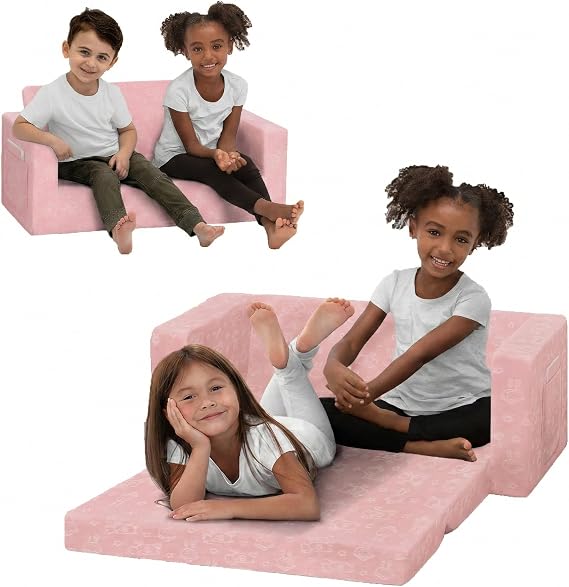 Delta Children - Serta Perfect Sleeper Kids 2-Seater Sofa, Convertible 2-in-1 Flip Open Toddler Couch Sleeper, Foam Chair for Playroom & Bedroom, Bed Lounger, Comfy Play Sleeping Lounge Chair, Pink