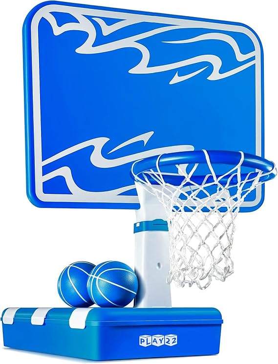 Play22 Pool Basketball Hoop Set - Large 33" Backboard, Adjustable Height Poolside Game with 7-Gal Water Bag in Base (58 lbs), Compact Storage, Durable for Sun & Pool Use, Includes 2 Balls & Pump