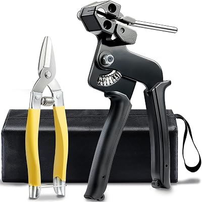 Stainless Steel Zip Tie Gun Kit with Industrial Scissors - Heavy Duty Metal Zip Ties Tensioner & Cutter Tool for Electrical, Used to Repair Outdoor Fences, Pipes, Chain Links, Garden Farm.