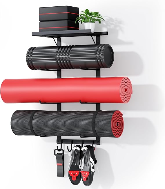 Yoga Mat Holder Wall Mount, Home Gym Storage Rack with Top Floating Shelf | 4-Tiers Fitness Accessories Organizer with Hooks for Foam Roller / Resistance Band / Workout Equipment/ Block / Pilates Strap