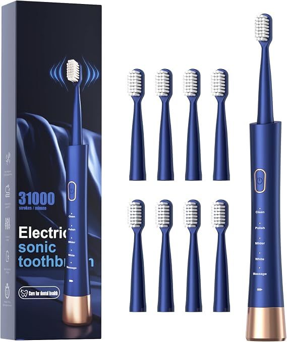 AJELU IPX7 Waterproof Sonic Electric Toothbrush for Adults, 2-Hour Fast Charging, Smart Timer, 5 Brushing Modes, 8 Brush Heads, 30-Day Battery Life, Blue