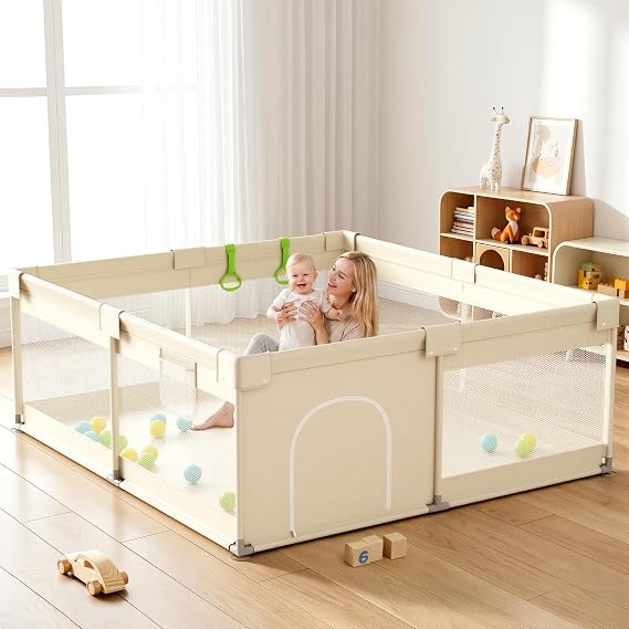 Ugozee Baby Playpen for Babies and Toddlers, 120x120cm Small Play Pen | Beige Baby pen, Toddler Playpen with Side Storage Bag and Breathable Mesh, Playard with 2 pull-up rings