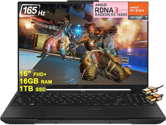 ASUS TUF Gaming A16 Laptop 16" FHD+ 165Hz 7ms 100% sRGB AMD Octa-core Ryzen 7 7735HS 16GB RAM 1TB SSD Radeon RX 7600S 8GB Graphic (>RTX 4060) Backlit Type-C USB4 Fast Charging Win11 + HDMI Cable
