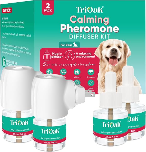 Calming Diffuser for Dog: Appeasing Dog Pheromones Calming Diffuser Plug in Kit for Separation Anxiety, Stress Chewing, Peeing Accidents, 2 Diffusers + 2 Refills