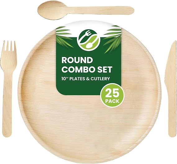 Eco Leaf 100pcs Disposable Palm Leaf Plates and Wooden Cutlery Set – 25 Large Round Plates, 25 Forks, 25 Knives, 25 Spoons – Eco-Friendly, Biodegradable, Perfect for Parties, Events, and Catering