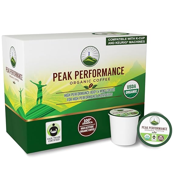 Peak Performance Organic Coffee Pods. Compatible w/K-Cup + Keurig Machines
