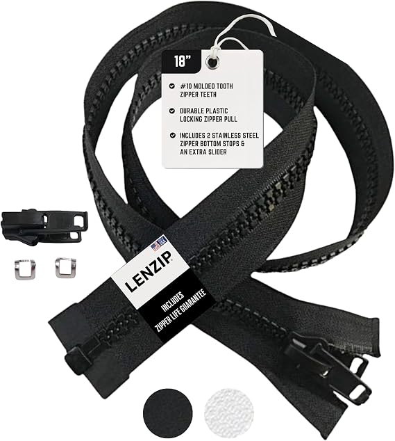 EZ-Xtend Lenzip #10 Separating Zipper for Canvas - Heavy Duty Cut to Length w/Double Plastic Locking Slider Includes Stainless Steel Zipper Stops and Extra Slider Replacement (Black, 18")