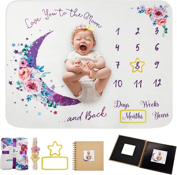 Baby Monthly Milestone Blanket,51"x40" Newborns Shower Gift for Baby Shower | with Photo Album & Headband, Thicker Extra Soft Plush Flannel Photo Prop Blanket for Boy&Girl,Newborn Unisex Blankets(Purple)