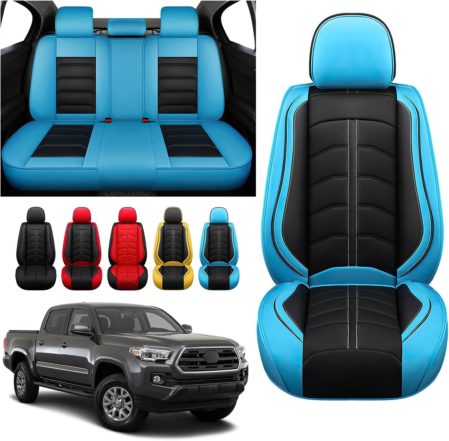Seat Covers Fit for Toyota Tacoma 2006-2024,Made of Premium Nappa Leather,Waterproof and Non-Slip,Custom Advanced Truck Seat Covers,Airbag-Compatible Seat Cover Black Blue,Full Set