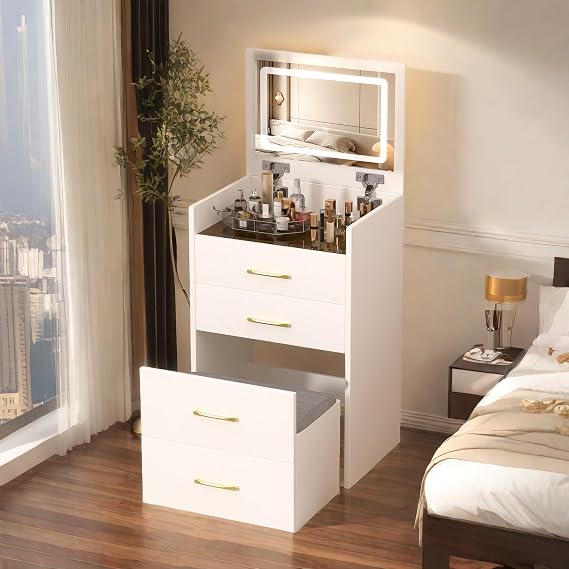 Montary 3 in 1 Vanity Desk with Open Top Mirror,Small Make Up Vanity Set with Visible Glass Desktop,Compact Makeup Vanity with 3 Drawers, Dressing Table for Bedroom Small Space