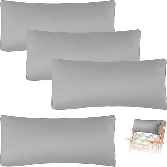 Outdoor Beach Chair Pillow, 4pcs Pool Lounge Chair Pillows Patio Headrest Pillow Lumbar Pillows with Insert and Adjustable Elastic Strap for Chaise Recliner Patio Office, Gray