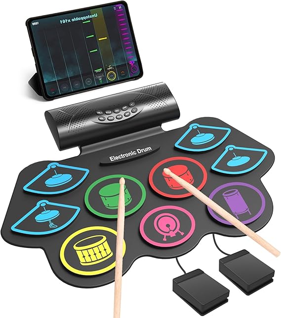 9 Pad Electronic Drum Set, Roll Up Portable Drum Pad Kit with MIDI Bluetooth, Built-in Speaker, Supports Headphone/Bluetooth, Great Christmas & Birthday Gift Gift for Kids and Beginners