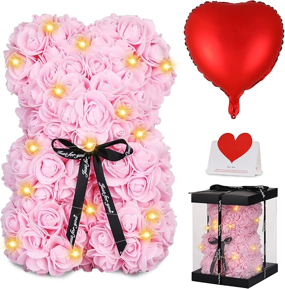Rose Bear Mother's Day Flower Gifts for Mom Grandma, Rose Teddy Bear with Lights, Cute Teddy Flower Bear, Cute Romantic Gifts for Wife Girlfriend with Transparent Gift Box and Love Card