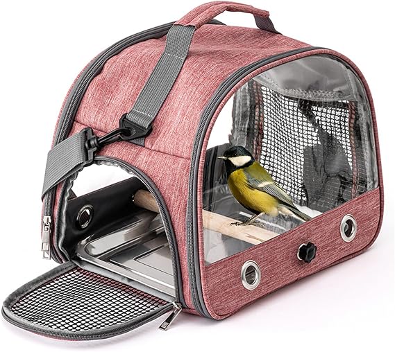 Collapsible Bird Travel Carrier with Standing Perch and Stainless Steel Tray, Breathable Parrot Parakeet Small Animals Hiking Camping Travel Bag (pink)