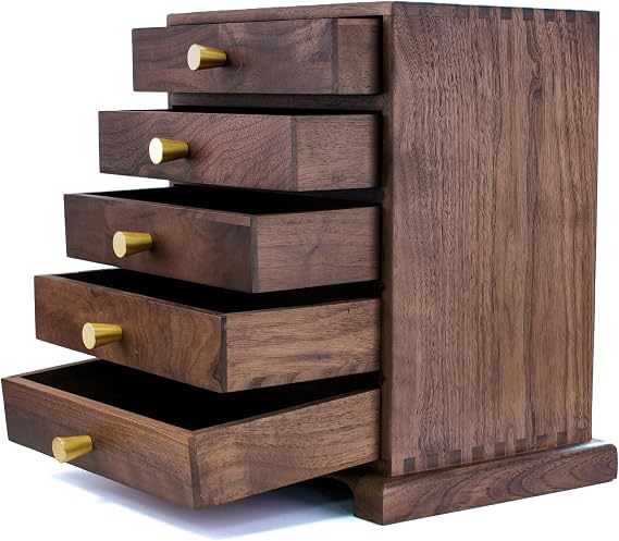 Luxurious Black Walnut Wood Jewelry Storage Organizer Carbinet Armoire with Five Drawers for Wife, Girlfriend,Elevate Your Bedroom Decor with Elegance