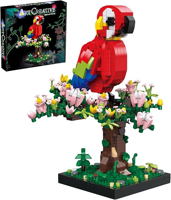 Macaw Parrot Building Blocks Set with Cherry Blossom Tree Micro Mini Bricks Botanical Bird Toy DIY Desk Decor Home Office Display Ornament Creative Hobby Gifts for Adults Teens