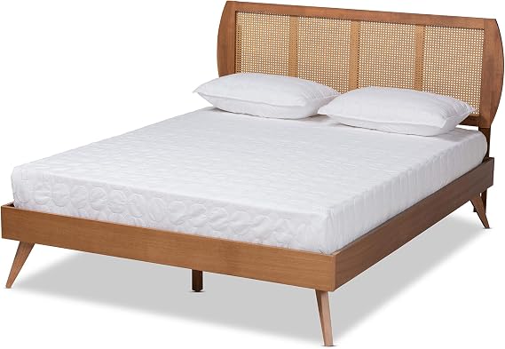 Baxton Studio Asami Mid-Century Modern Walnut Brown Finished Wood and Synthetic Rattan Queen Size Platform Bed