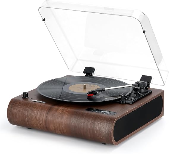 Record Player, 3 Speed Bluetooth Turntable with Built-in Speakers, FM Radio, Vinyl-MP3 Encoding, USB & SD Playback, LED Screen, Wooden Retro LP Player