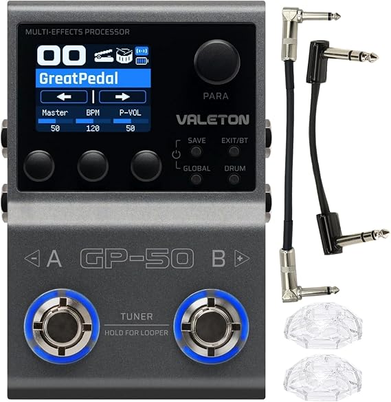 Valeton GP-50 SnapTone Multi-Effects Processor Pedal, IR Loader & Neural Amp Modeler, USB Interface, Drum Machine, Looper, Bluetooth, 100+ FX, Patches with Tonebird and MXR TRS Patch Cable Bundle