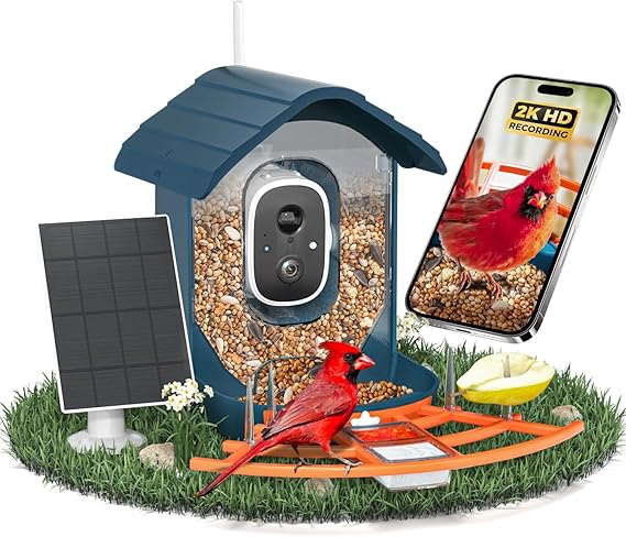 Smart Bird Feeder with Camera 2K HD AI Bi RDS Identify Bird Watching Camera with Solar Panel Auto Capture Bird Video & Instant Notification Ideal Gift for Bird Lovers