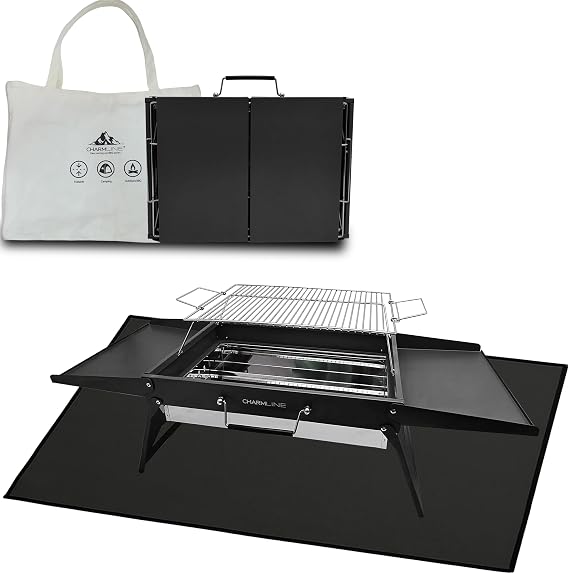 Charmline 20x14inch Big Foldable Portable Charcoal Grill, Charcoal Grills for Camping, Picnics, Gardens and Beach Parties, Black, With 44x24in Fireproof Mat
