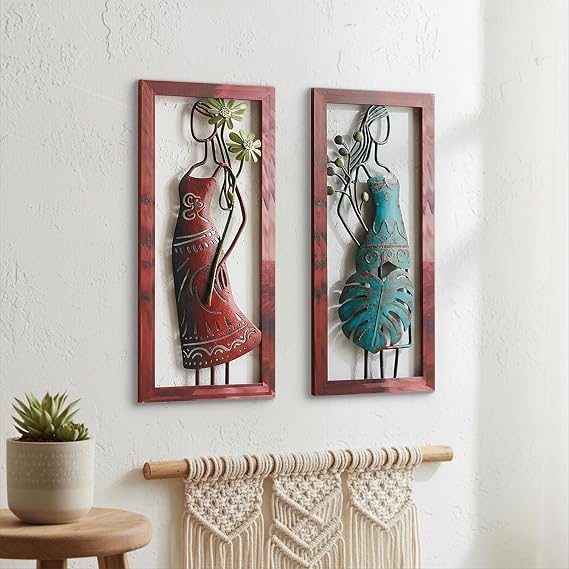 Newinhome 2 Pack Boho Metal Wall Art, 3D Abstract Woman Boho Wall Decor