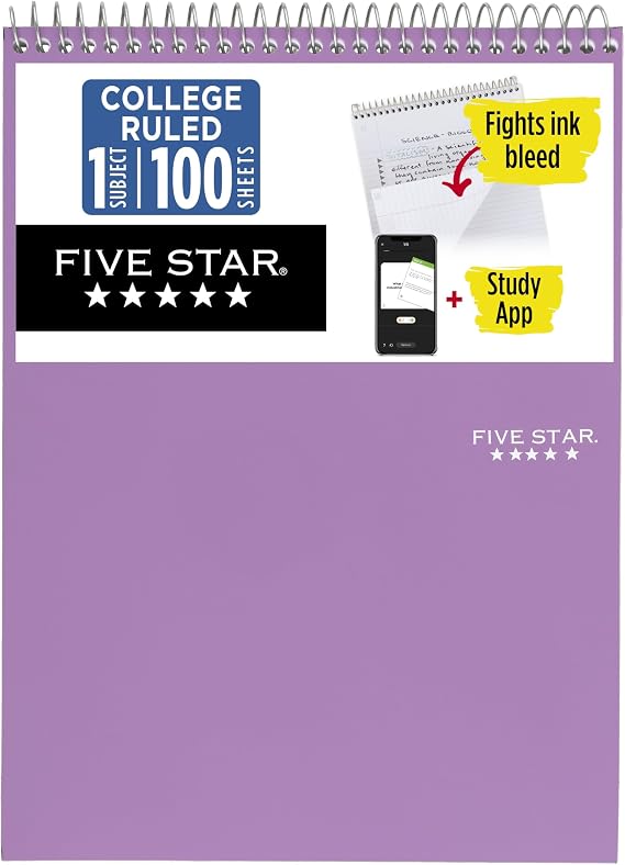 Five Star Top Spiral Notebook + Study App, 1 Subject, College Ruled Notepad, 8-1/2" x 11", 100 Sheets, Fights Ink Bleed, Water Resistant Cover, Amethyst Purple (820058B-ECM)