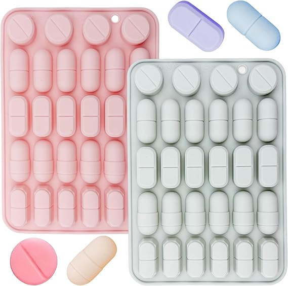 2 PACK Silicone Pill Mold Trays, 28-Cavity Capsule Shaped Candy Molds Non-stick and Bpa Free for Candy Chocolate Gummies Baking