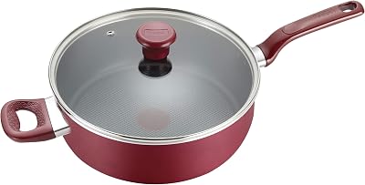T-fal B0398264 Excite ProGlide Nonstick Thermo-Spot Heat Indicator Dishwasher Oven Safe Jumbo Cooker with Lid Cookware, 5-Quart, Rio Red