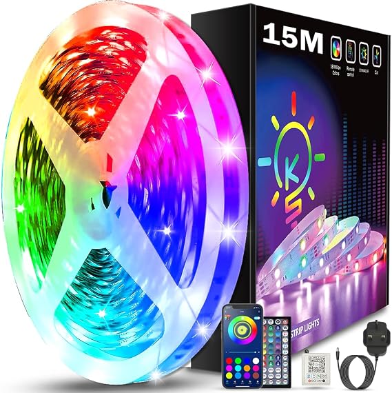 Keepsmile 15M Led Strip Lights with Music Sync,Bluetooth Smart App Control Color Changing Indoor Led Light Strips with Remote,Flexible Lights for Bedroom Birthday Home Party Decor [Energy Class A]