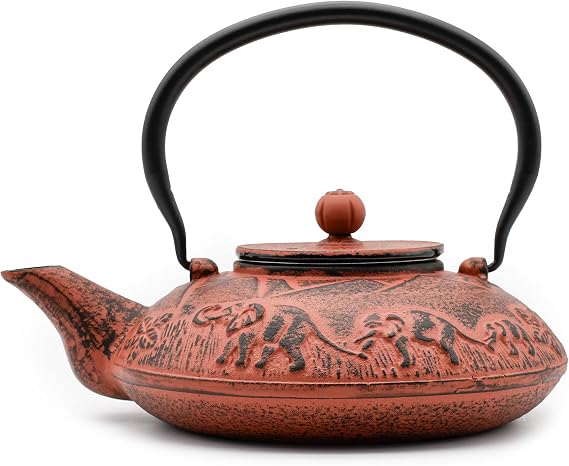 Zen Minded Traditional Japanese Cast Iron Tetsubin Stovetop Teakettle Teapot with Stainless-Steel Mesh Loose-Leaf Filter for Green Tea & Infusions 1.1L Elephant Pattern - Red