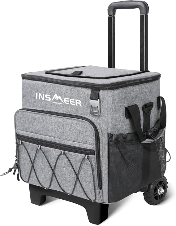 INSMEER Large Rolling Cooler 40L / 60 Cans, Foldable Cooler on All Terrain Wheels, Collapsible Cooler Bag Leakproof Shopping Trolley Bag for Beach, Camping & Picnic, Grocery Shopping