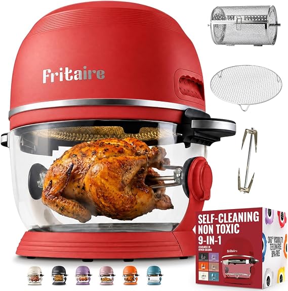 Non Toxic Air FryerTM Pro | 9-in-1 Glass Air Fryer | Self-Cleaning | 5 Quart | Rotisserie and Tumbler | 400F Vortex For Even Cooking, BPA-Free Teflon Free, Recrisp, Roast, Bake, Cherry