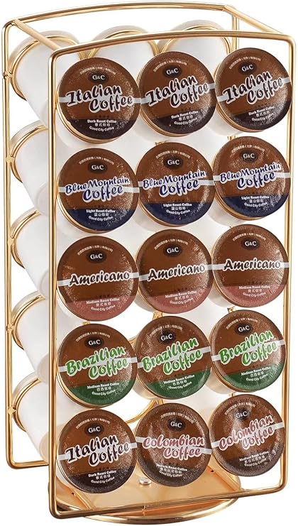Tabletop K Cup Holder, Coffee Pod Stand Holder, K-Cups Capsule Storage Rack for 30 pods, 360 degrees rotatable, No Assembly Required, Gold