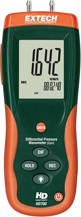 Extech HD700 Differential Pressure Manometer, 2 psi High-Resolution Gauge, 11 Units, USB Data Logger, Max/Min/Avg Recorder, Backlit LCD, Hard Case